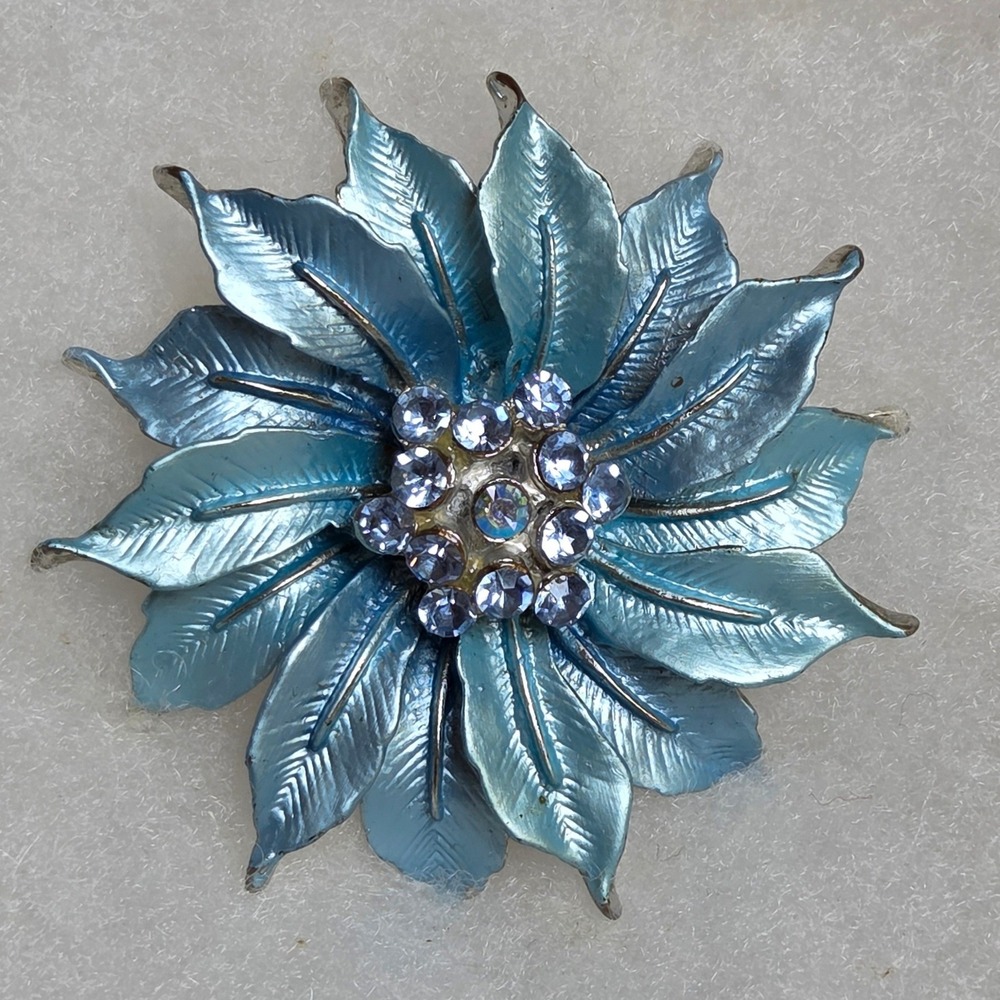Vintage Blue Enamel Flower Brooch Rhinestone Mid Century Silver Tone Style Pin
